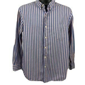 Chaps Ralph Lauren Medium Mens Shirt Button Front Orange Stripes Blue